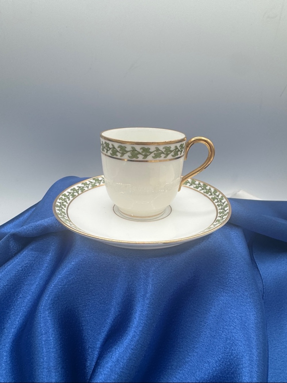 Limoges White Porcelain Demitasse Cup & Saucer with Green Vine and Gold Trim.